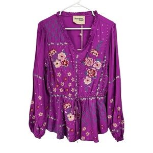 NWT Savanna Jane Size Large Embroidered Blouse Floral Long Sleeve Peplum Purple